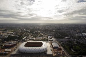 An aerial view of the Arena Amazonia soccer stadium two days before its scheduled inauguration in Manaus