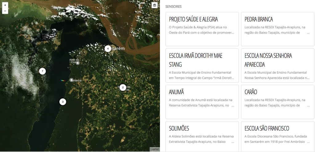 Reprodução do site especial do projeto Rede InfoAmazonia. Mapa com os pontos dos sensores instalados na região de Santarém